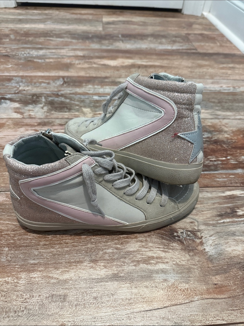 ShuShop High-Top Sneakers in Pink glitter White, and Silver